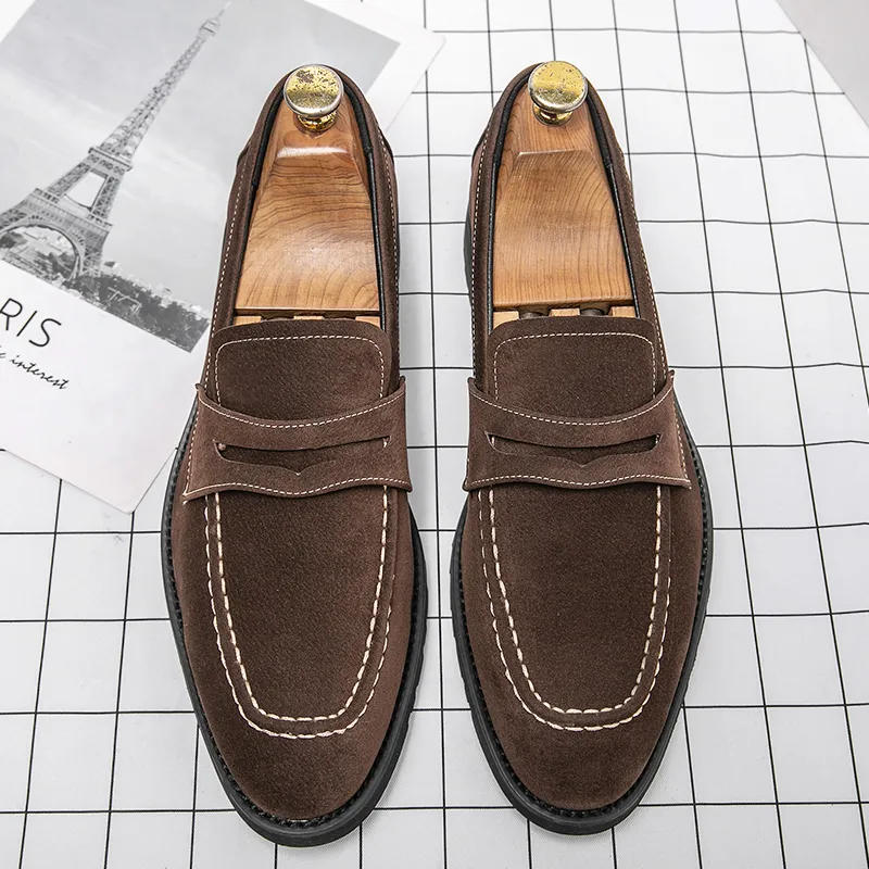 xiangtuibao Fashion Loafers Men Shoes Classic Versatile Business Casual Everyday Square Toe Stitches Faux Suede Solid Color Dress Shoes
