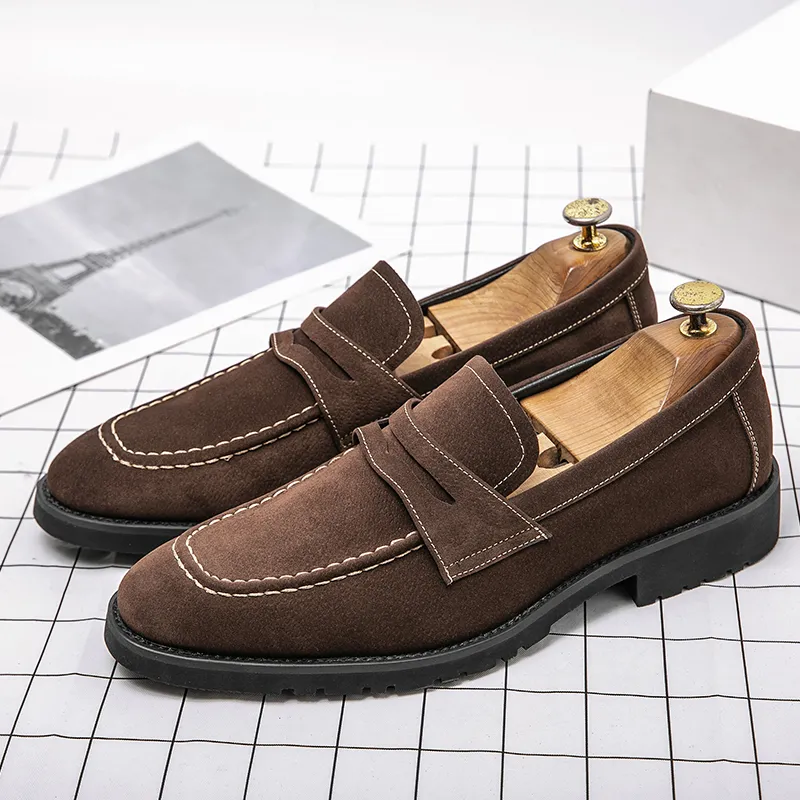 xiangtuibao Fashion Loafers Men Shoes Classic Versatile Business Casual Everyday Square Toe Stitches Faux Suede Solid Color Dress Shoes