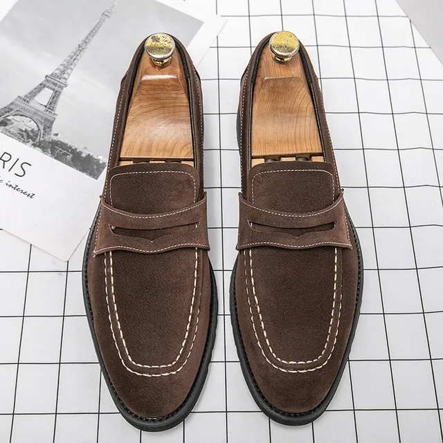 xiangtuibao Fashion Loafers Men Shoes Classic Versatile Business Casual Everyday Square Toe Stitches Faux Suede Solid Color Dress Shoes