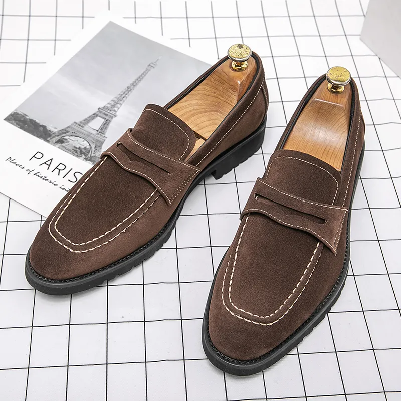 xiangtuibao Fashion Loafers Men Shoes Classic Versatile Business Casual Everyday Square Toe Stitches Faux Suede Solid Color Dress Shoes