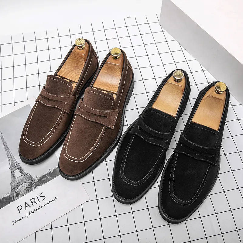 xiangtuibao Fashion Loafers Men Shoes Classic Versatile Business Casual Everyday Square Toe Stitches Faux Suede Solid Color Dress Shoes