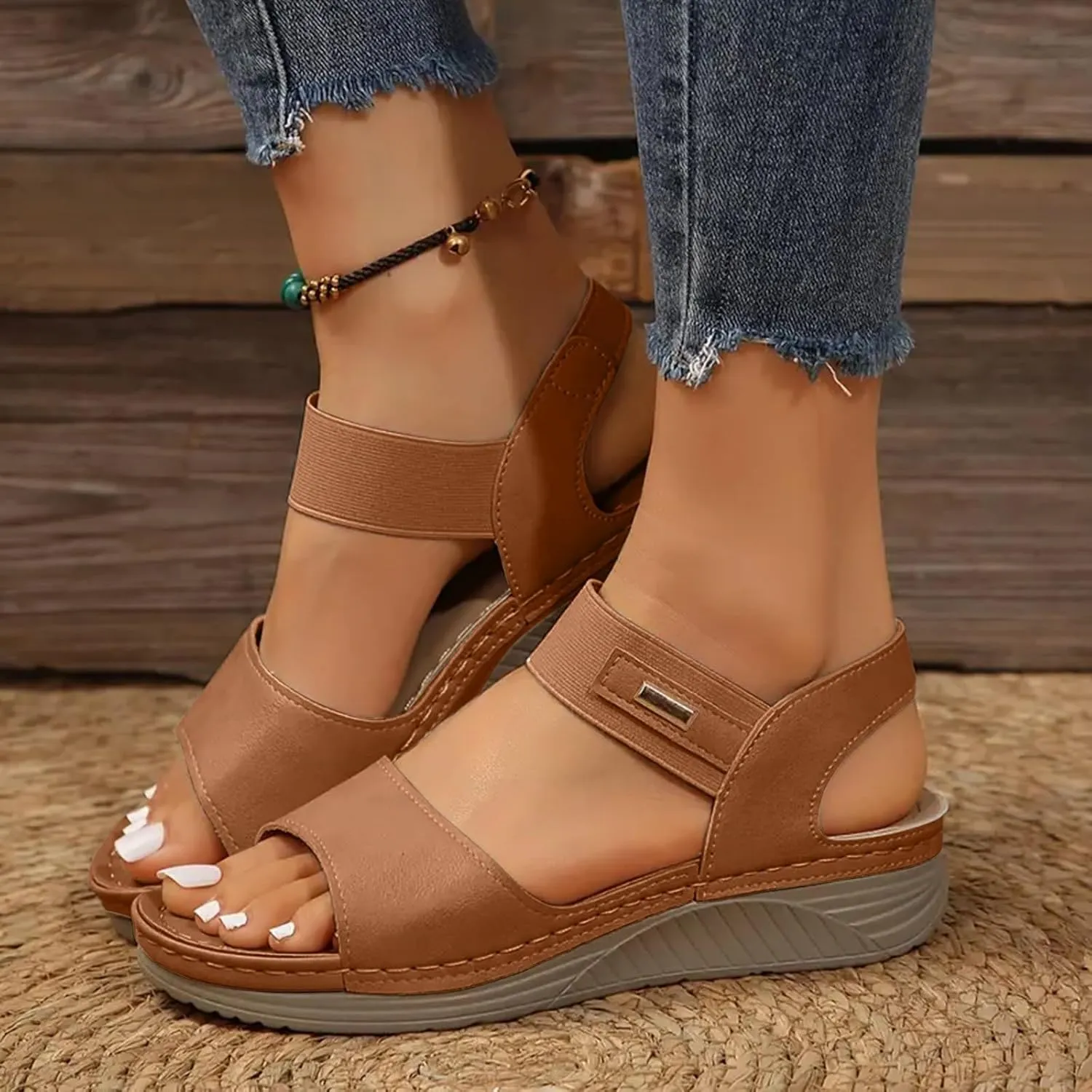 ZSpzx Orthopedic Sandals for Women Arch Support Wedge Flip Flops Plantar Fasciitis Bunion Slide Comfortable Fish Mouth Ankle Elastic Strap Summer Walking Outdoor Casual Slip on Beach Shoes