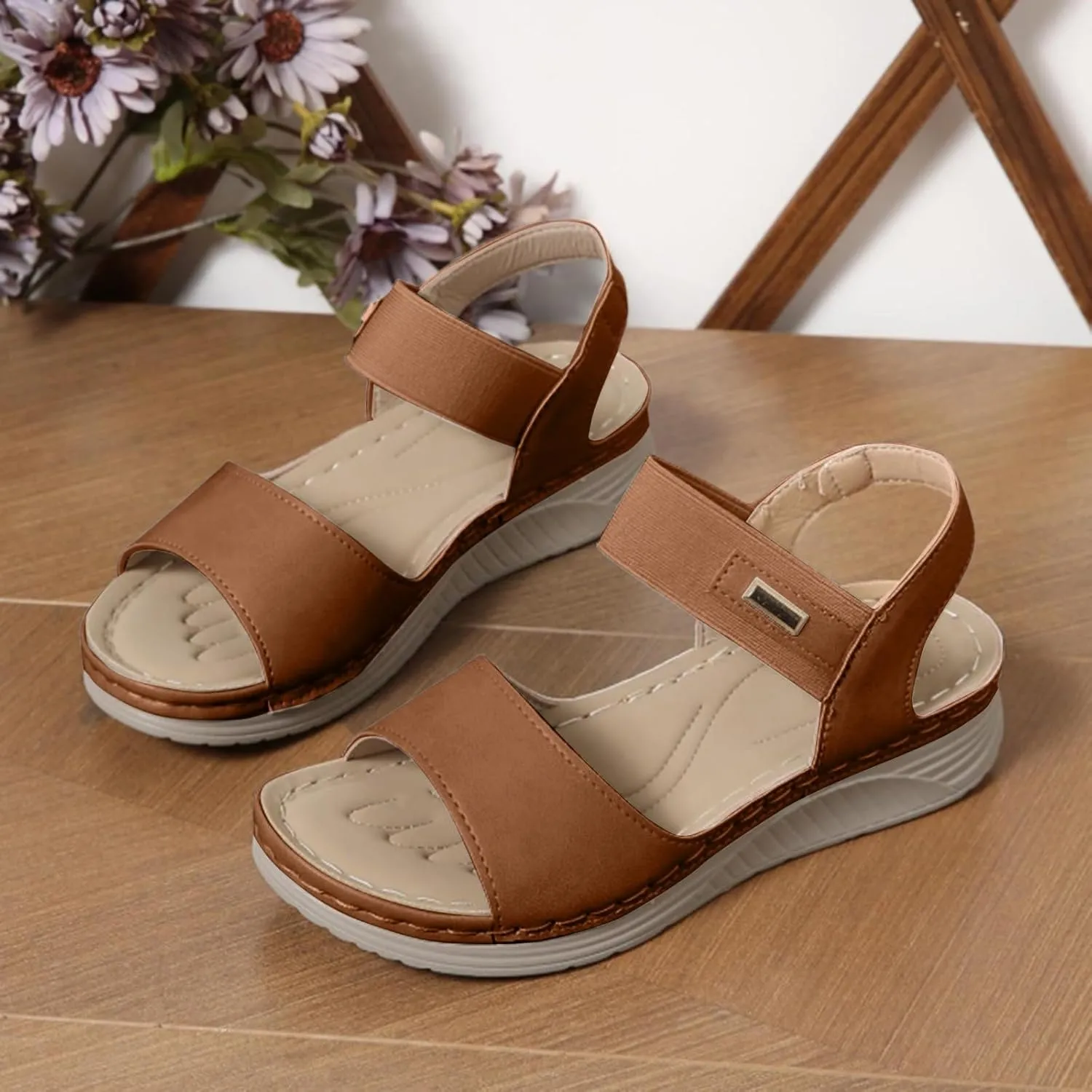 ZSpzx Orthopedic Sandals for Women Arch Support Wedge Flip Flops Plantar Fasciitis Bunion Slide Comfortable Fish Mouth Ankle Elastic Strap Summer Walking Outdoor Casual Slip on Beach Shoes