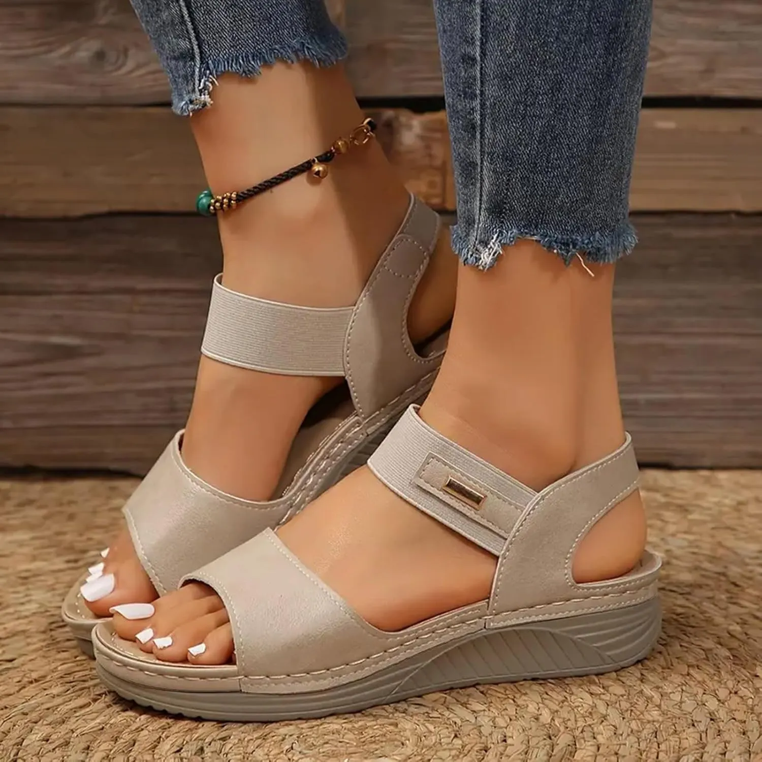 ZSpzx Orthopedic Sandals for Women Arch Support Wedge Flip Flops Plantar Fasciitis Bunion Slide Comfortable Fish Mouth Ankle Elastic Strap Summer Walking Outdoor Casual Slip on Beach Shoes