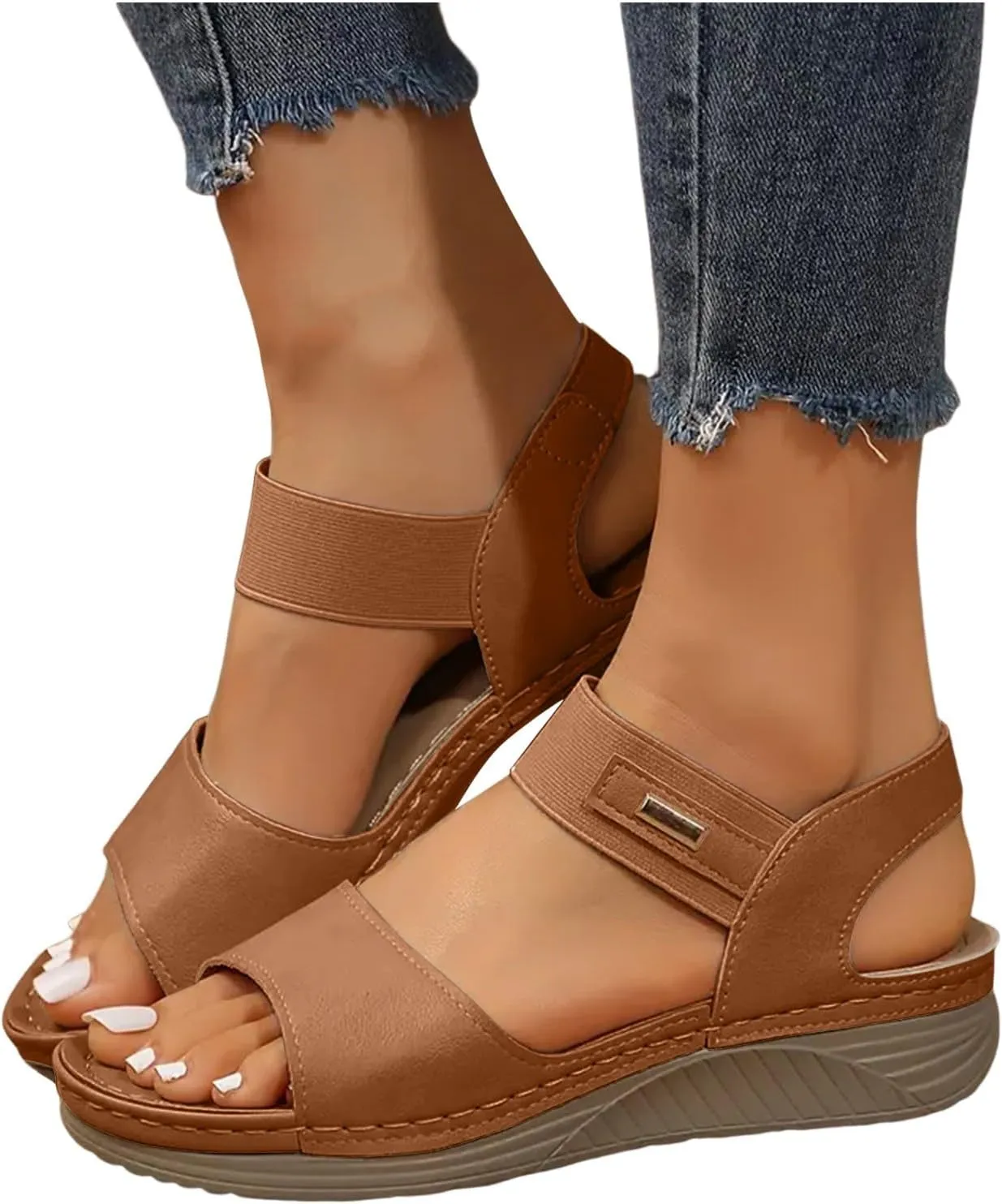 ZSpzx Orthopedic Sandals for Women Arch Support Wedge Flip Flops Plantar Fasciitis Bunion Slide Comfortable Fish Mouth Ankle Elastic Strap Summer Walking Outdoor Casual Slip on Beach Shoes